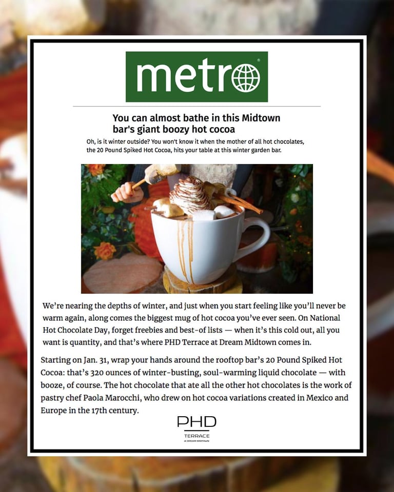 a boozy hot chocolate being served at a rooftop bar in nyc 