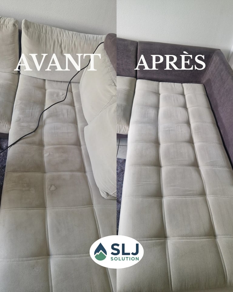 Avant après nettoyage d’un canapé convertible en tissu avec élimination des auréoles et nettoyage en