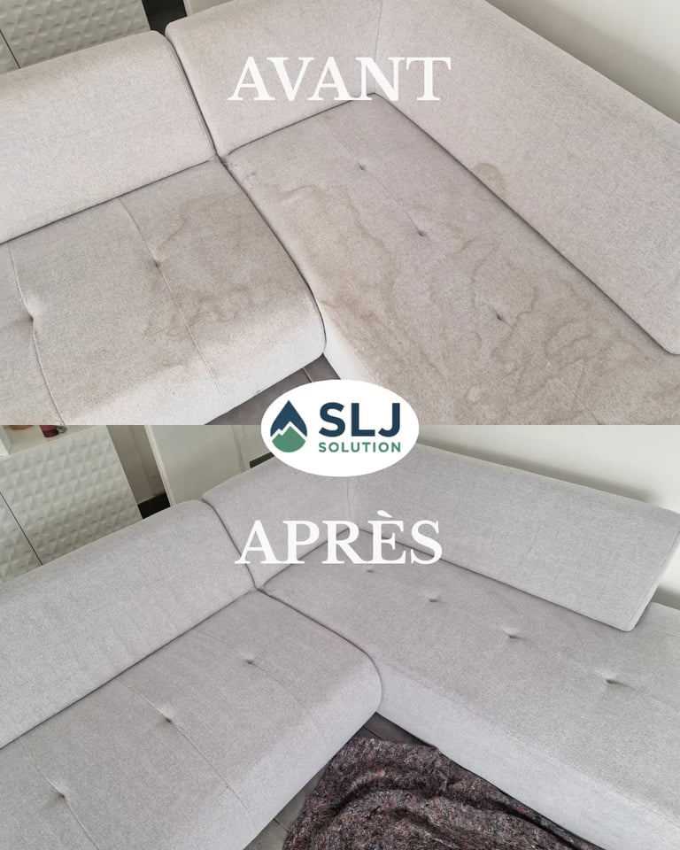 Avant après nettoyage professionnel d’un canapé d’angle gris clair avec fortes auréoles et taches in