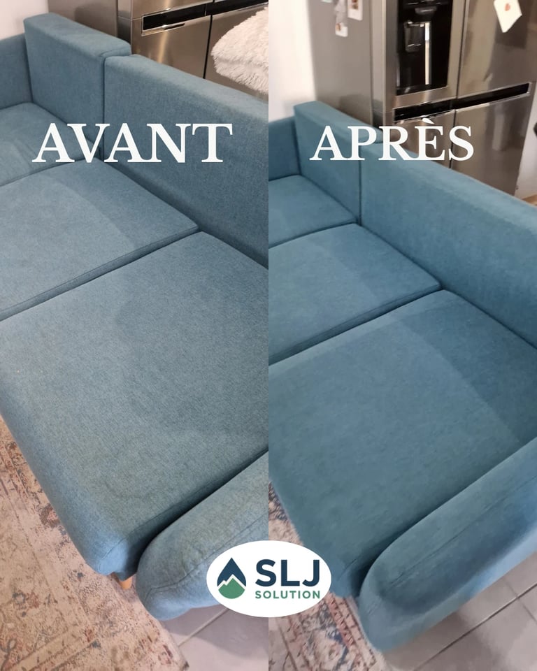 Avant après nettoyage d’un canapé bleu en tissu avec nettoyage professionnel des assises et suppress