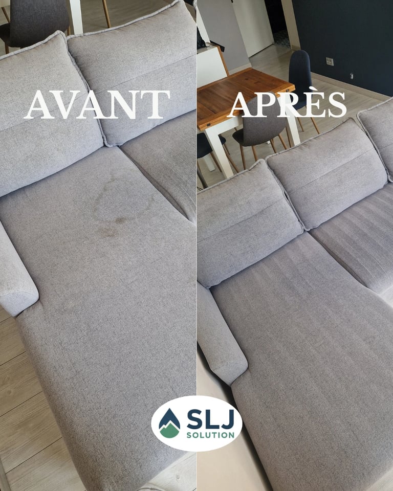 Avant après nettoyage d’un canapé gris clair avec suppression des taches et ravivage du tissu.
