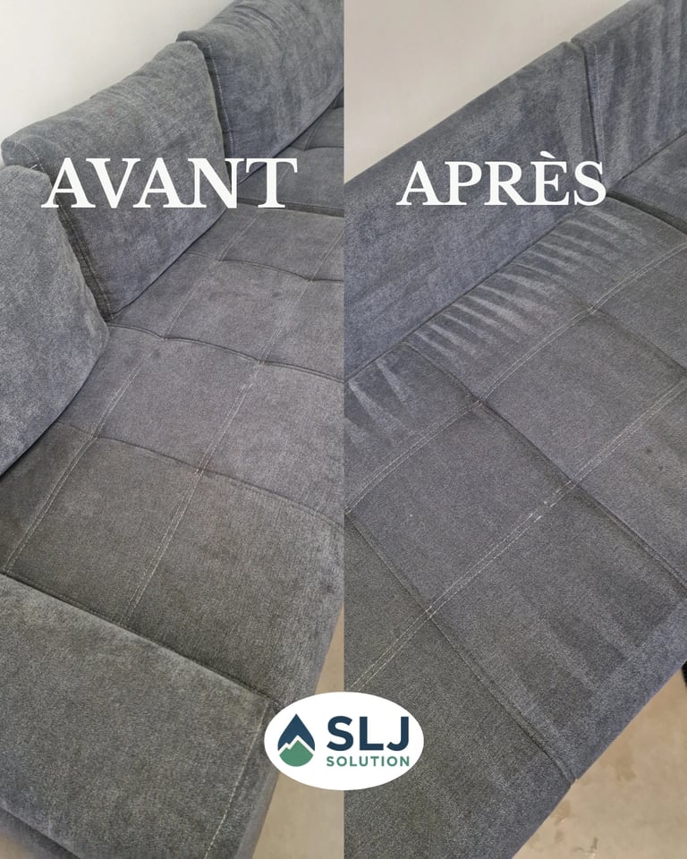 Avant après nettoyage d’un canapé gris foncé en tissu avec nettoyage des assises et ravivage des fib