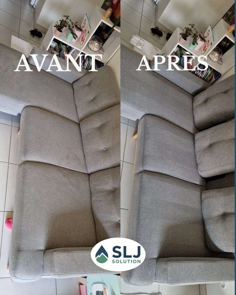 Avant après nettoyage d’un canapé gris en tissu avec nettoyage des assises et suppression des traces