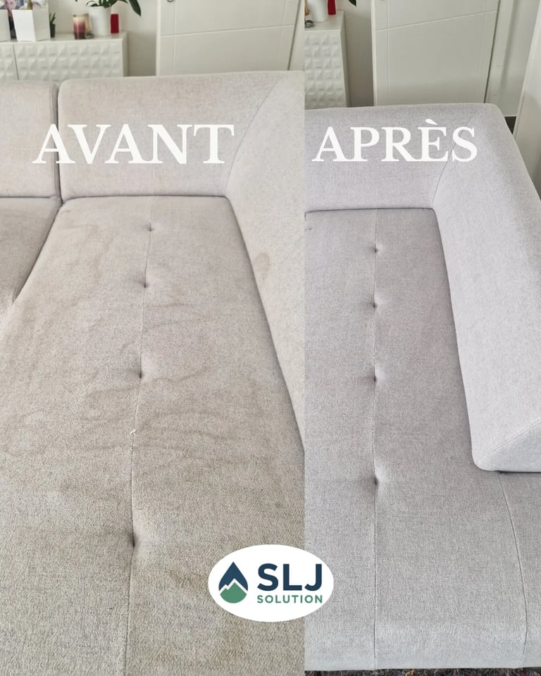 Résultat nettoyage canapé angle gris clair à domicile par SLJ Solution Grenoble