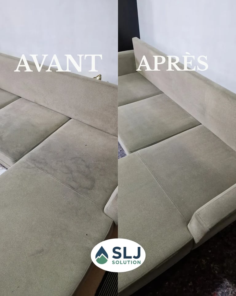 Avant après nettoyage d’un canapé en velours beige avec suppression des taches et ravivage du textil