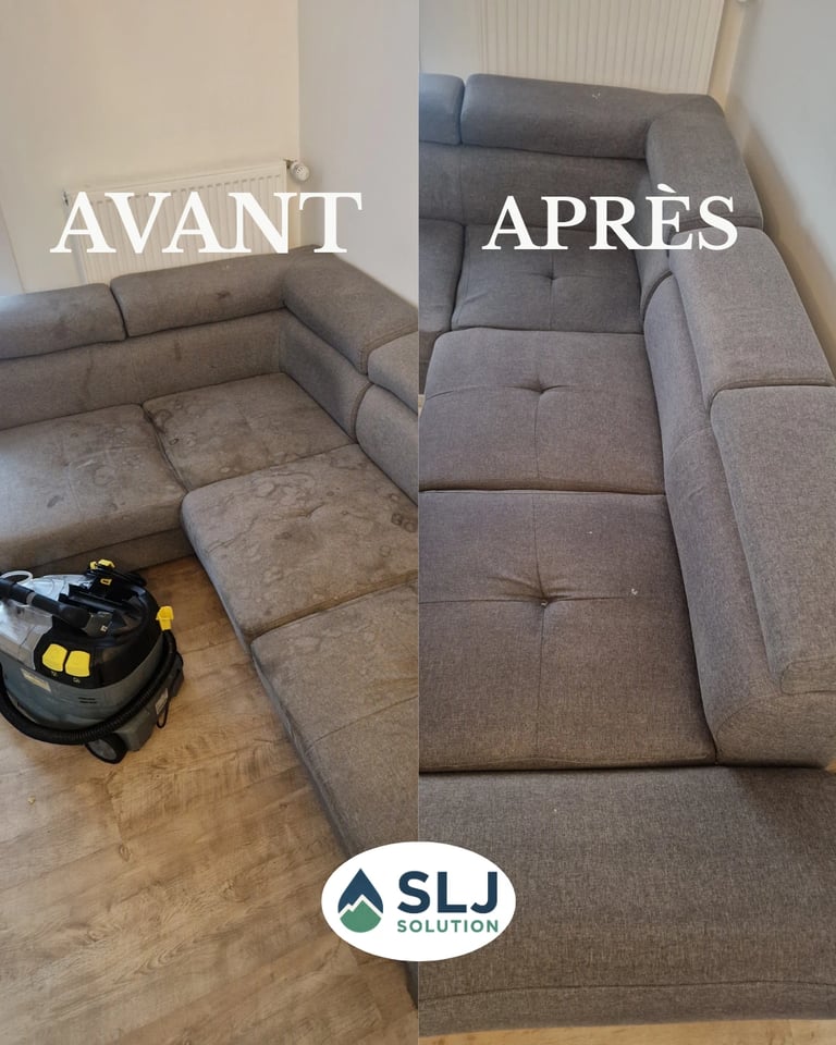 Avant après nettoyage d’un grand canapé d’angle gris avec élimination des taches et nettoyage en pro