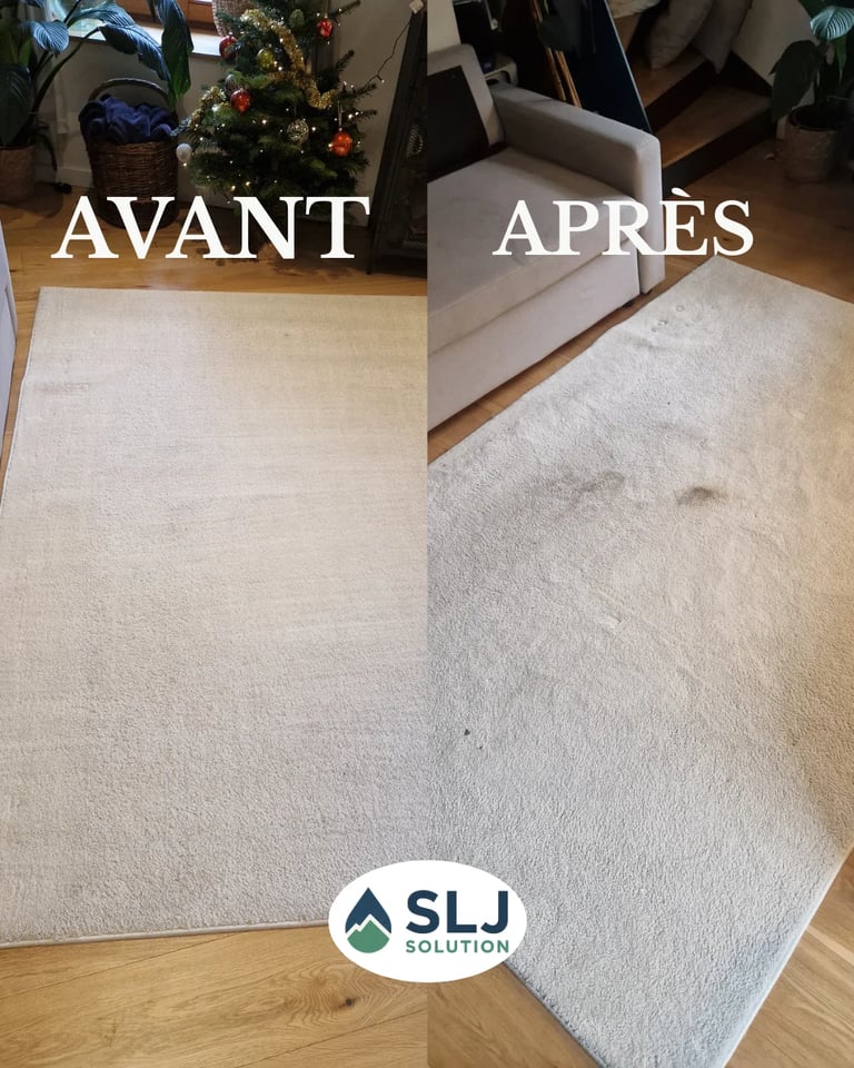 Avant après nettoyage d’un grand tapis blanc avec éclaircissement des fibres et suppression des zone