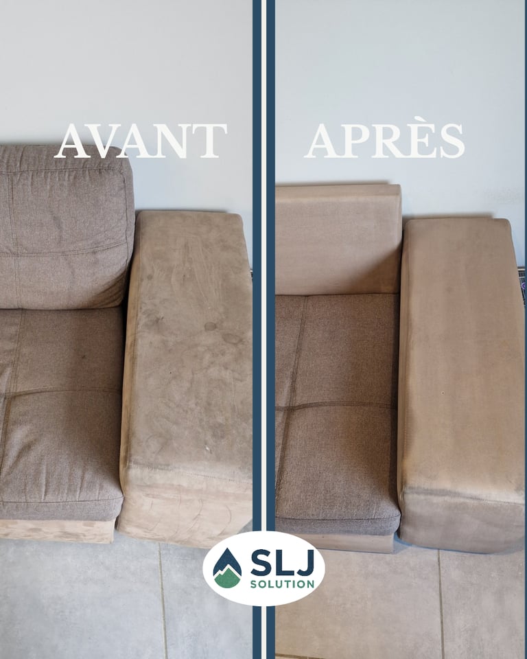 Avant après nettoyage professionnel d’une méridienne beige avec nombreuses taches et auréoles.