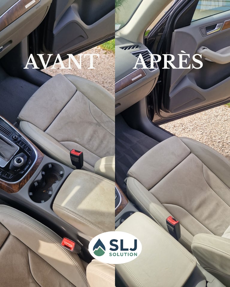Avant après nettoyage professionnel de sièges de voiture beiges avec détachage textile intérieur.