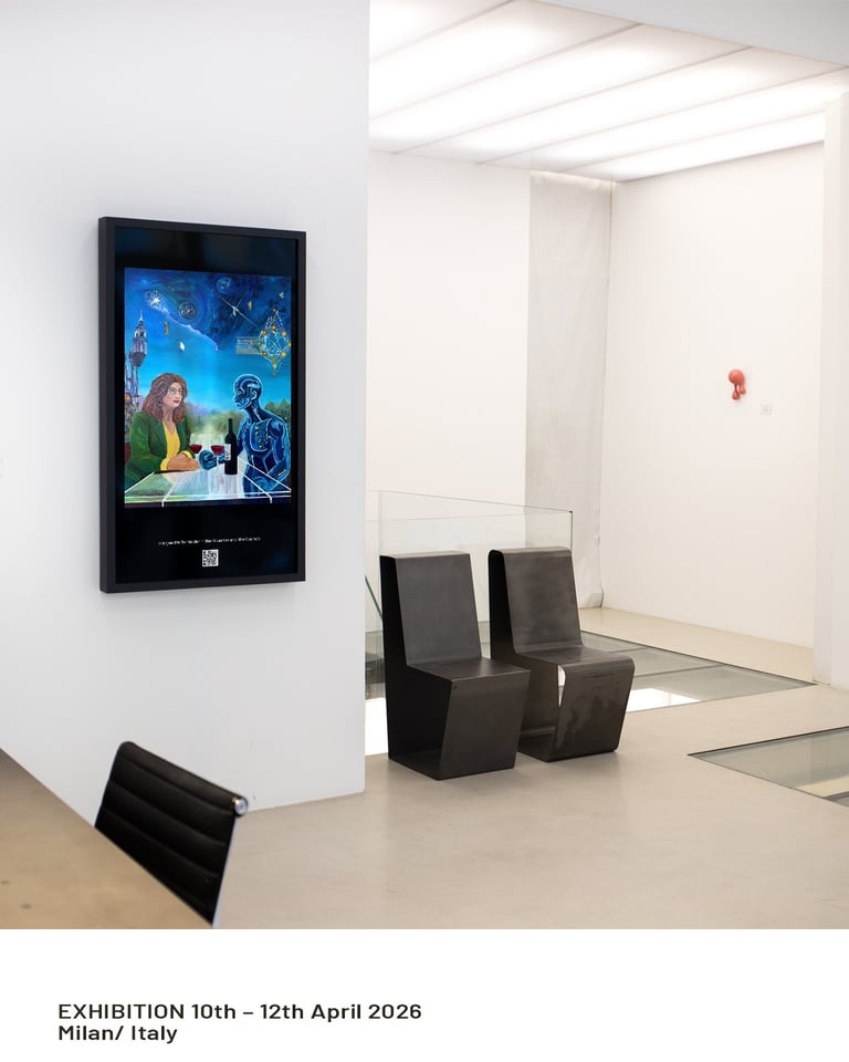 Fine art by Margueritte Tonbazian exhibited on digital screens in Milan, Italy, 2026.