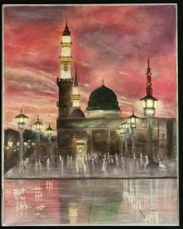 The prophet's Mosque at Madina at vibrant sunset