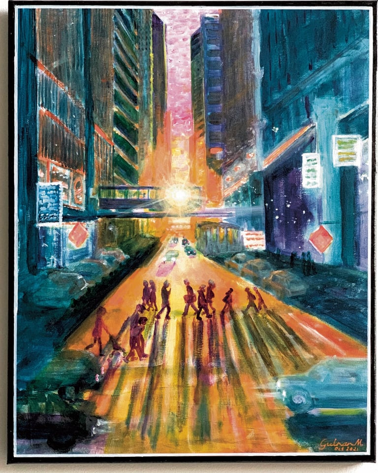 Sun setting perfectly aligned with the street in between buildings in downtown