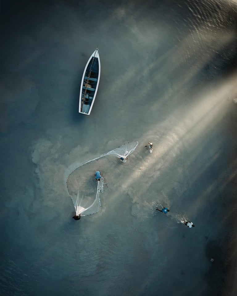 Location: Butte à l'Herbe. Aerial view of fishermen casting nets from a boat into the shallow, calm waters of Mauritius