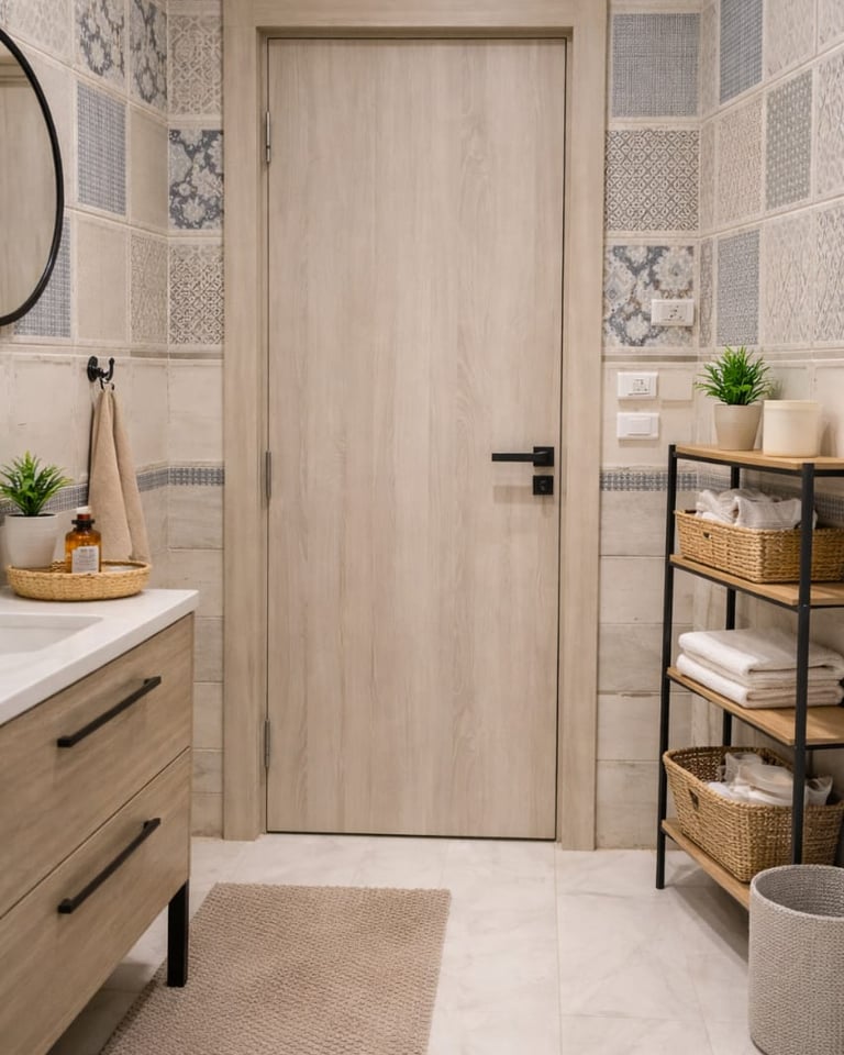 Modern bathroom interior featuring patterned wall tiles, a light wood door, and a vanity with black hardware.