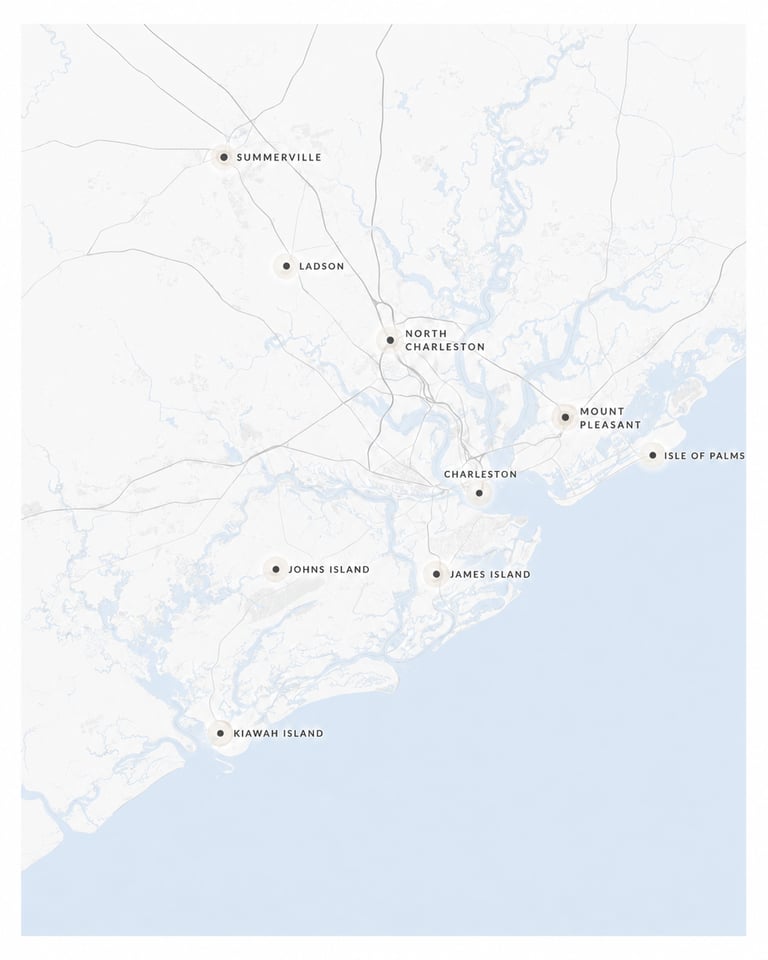 Charleston-area service map for Moonstone Voyages luxury travel planning