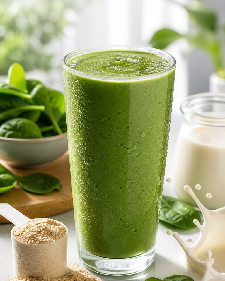 Batido verde de proteínas con espinaca y leche vegetal, desayuno saludable energético