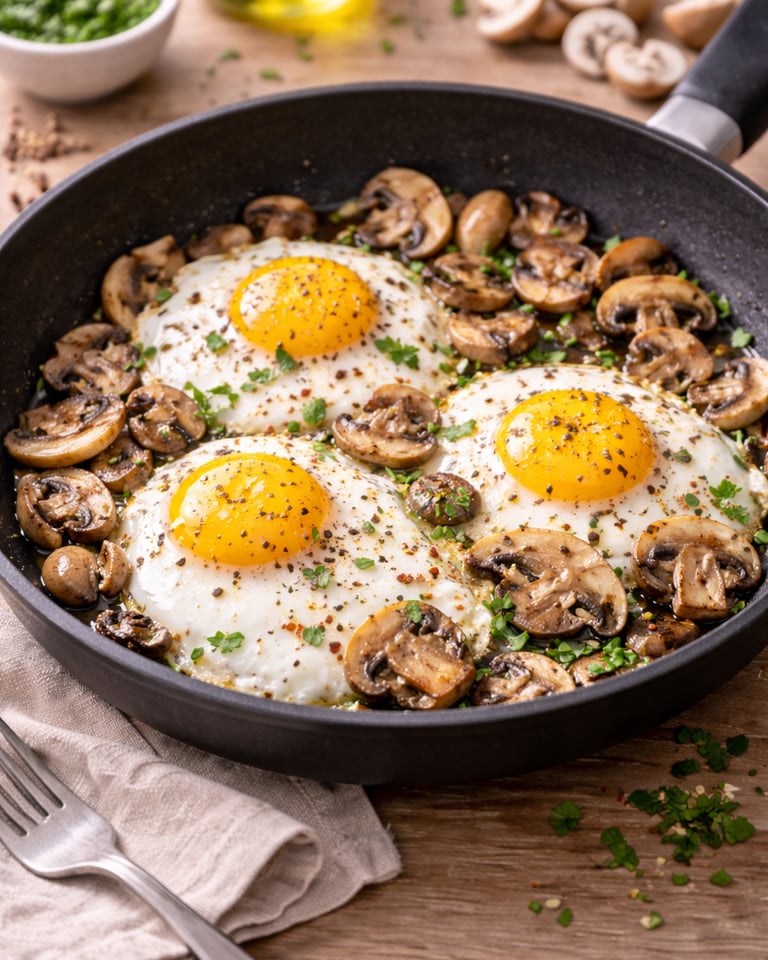 Huevos con champiñones salteados cocinados con aceite de oliva, desayuno saludable alto en proteína.