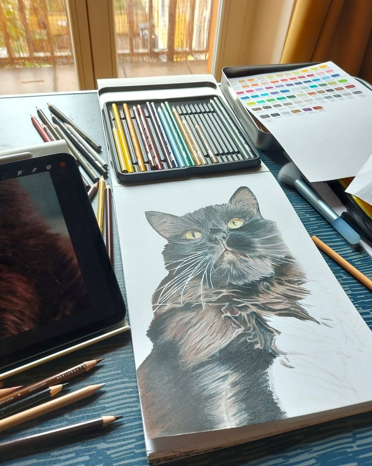 Unfinished  hand drawn colored pencil drawing of a black cat portrait