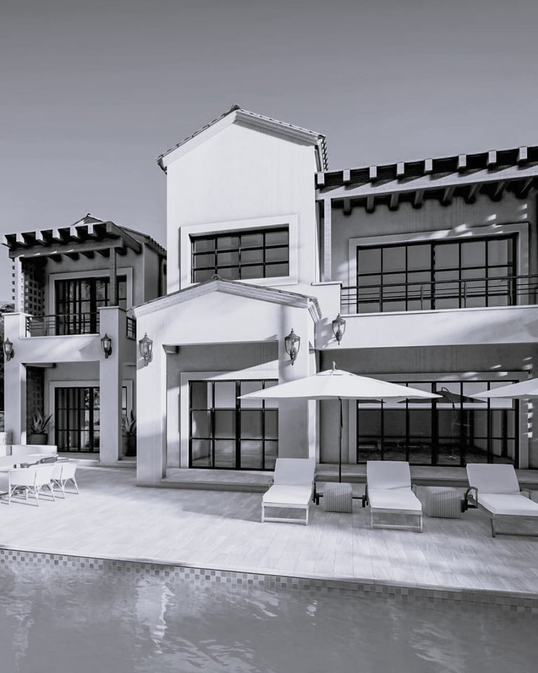 Fachada exterior de vivienda moderna con alberca y terraza, proyecto de CHB Arquitectura en La Paz,