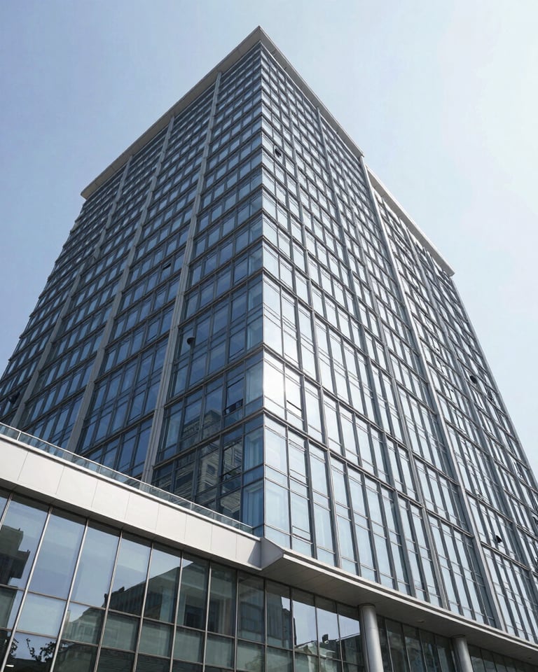 Wide-angle crisp architectural photograph of a modern commercial office building exterior, bright natural daylight, clean glass reflections, sharp focus