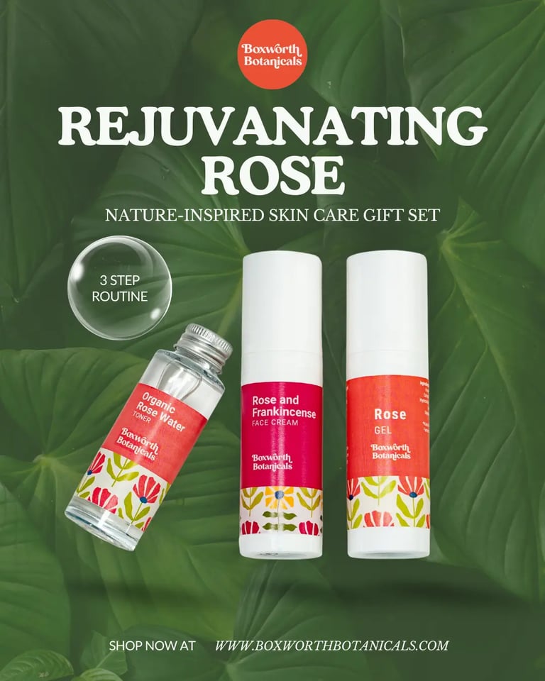 Leaf promotional graphic for the Rejuvenating Rose skincare gift set with three-step routine message