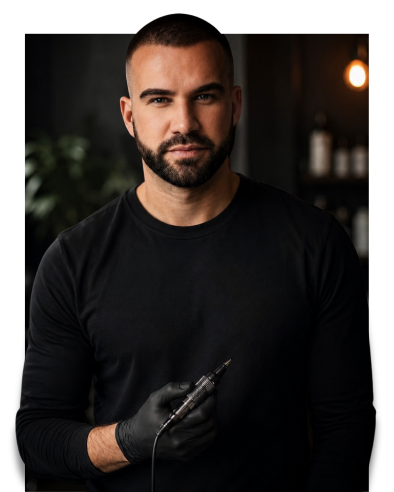 Professional male tattoo artist in a black shirt holding a modern tattoo machine pen.