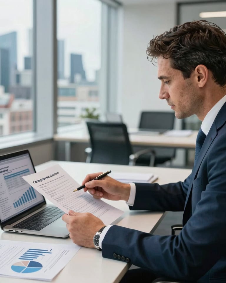 A male professional in a business suit analyzing financial data reports and charts on a laptop in a modern office.