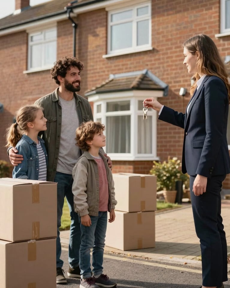 A real estate agent hands house keys to a happy family with moving boxes in front of their new home.
