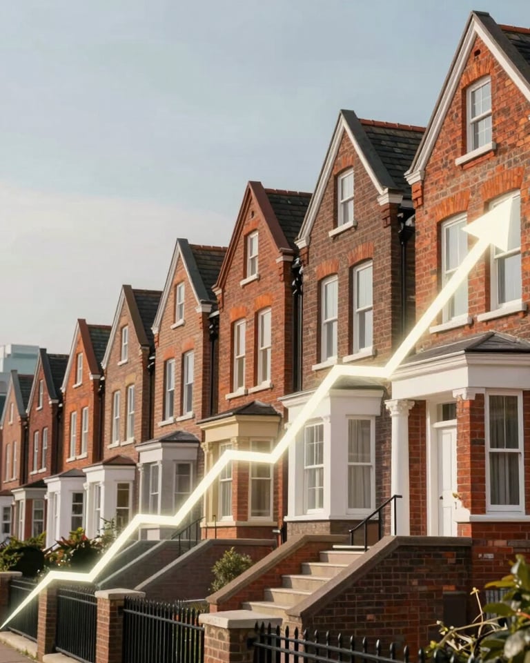 A rising arrow graph overlaid on a row of red brick terraced houses representing the UK real estate market growth.