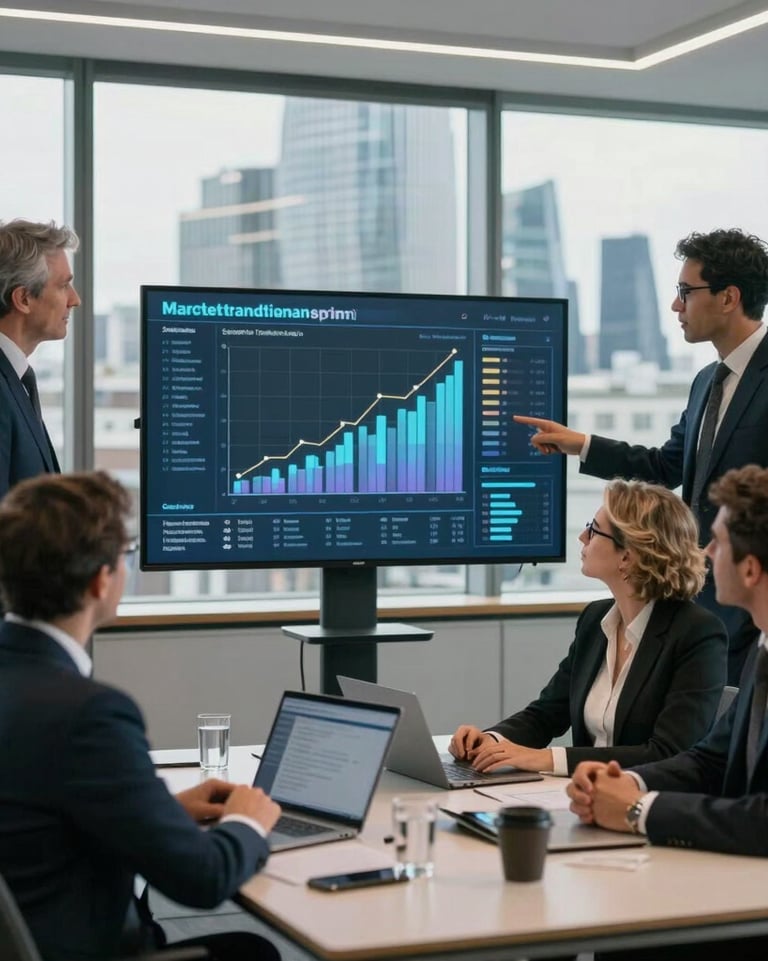 Business professionals reviewing financial data charts on a screen during a corporate boardroom meeting.