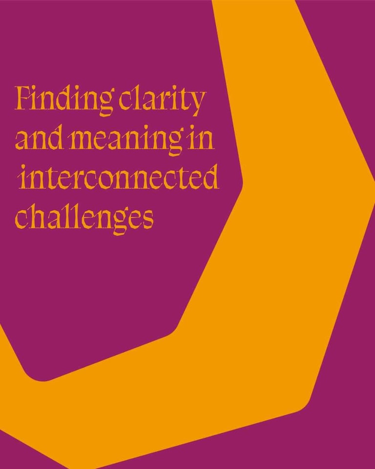 Purple and orange graphic text reading: Finding clarity and meaning in interconnected challenges.