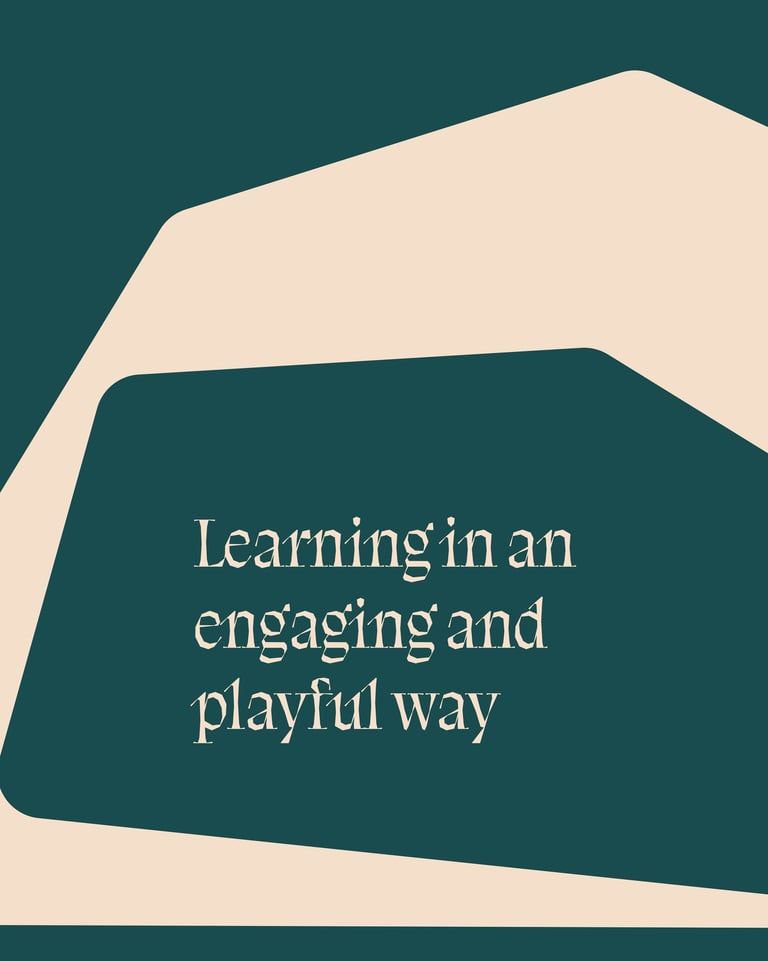 Graphic with abstract shapes and text about learning in an engaging and playful way.
