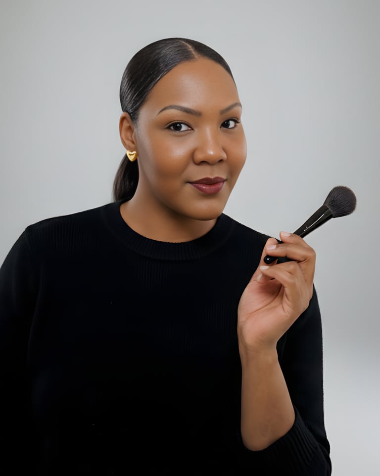 A smiling woman with flawless makeup holding a professional black makeup brush.