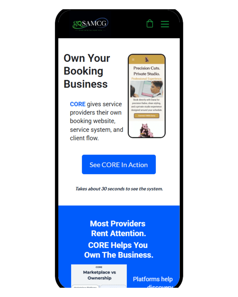 CORE by SAMCG — owned booking website for service providers.