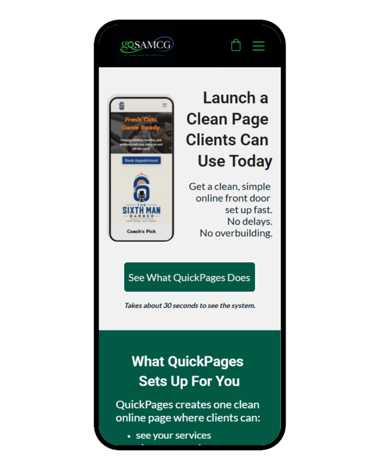 QuickPages by SAMCG — clean booking page for service providers.