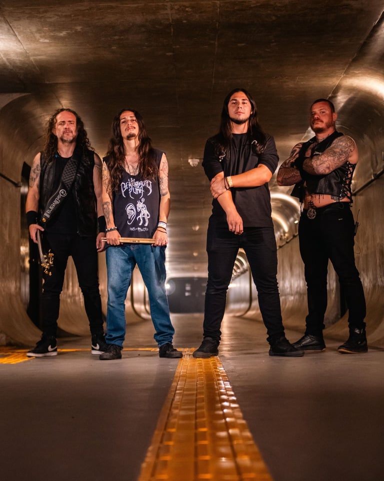 a group of men standing in a tunnel