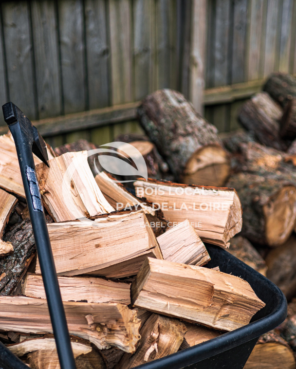 une brouette pleine de bois avec une hache