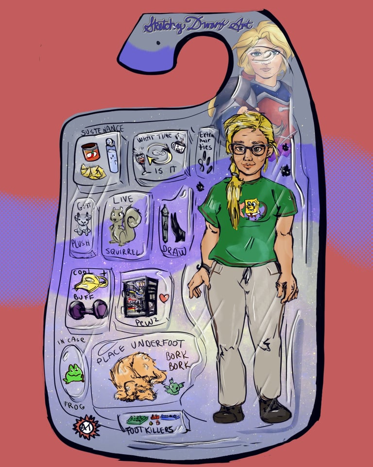 Digital illustration of a custom action figure toy packaging featuring a blonde woman with nerdy accessories.