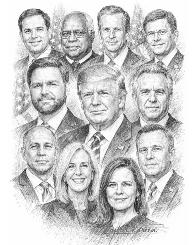 Pencil sketch of Donald Trump surrounded by Republican political figures and Supreme Court justices.