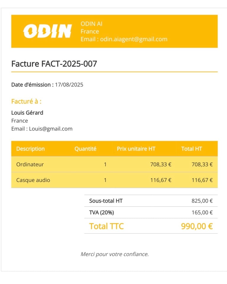 Exemple de facture générée par ODIN AI