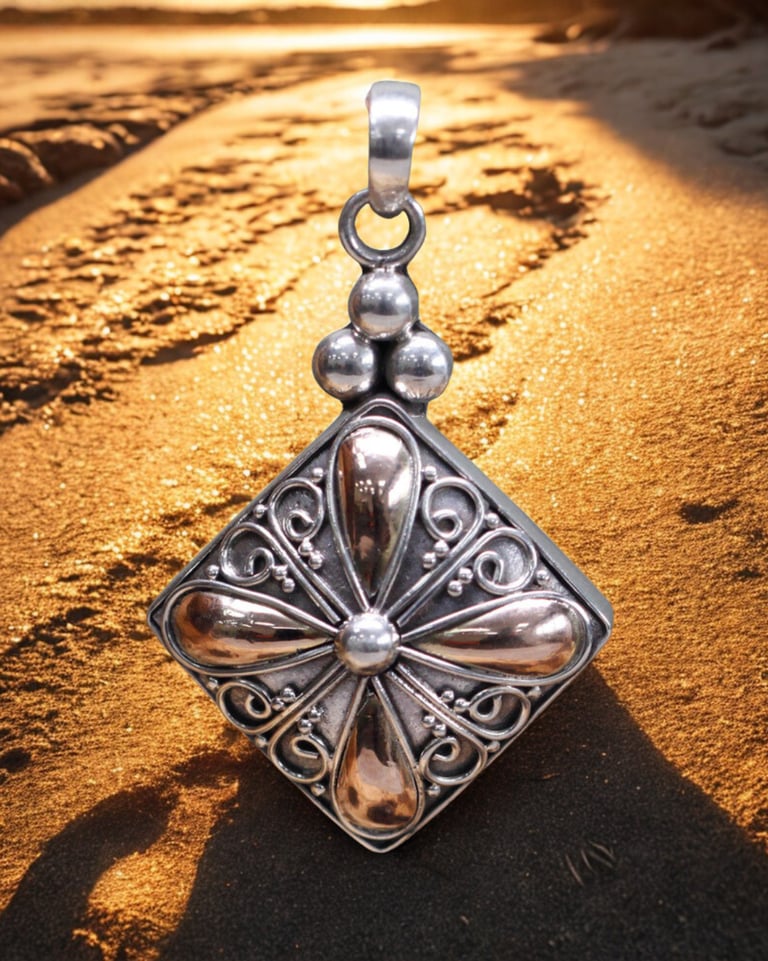 Handcrafted silver and bronze filigree pendant resting on golden beach sand during sunset.