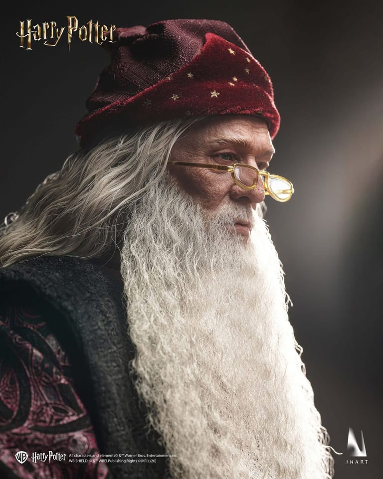  Albus Dumbledore usando gafas de media luna y un sombrero de mago rojo con estrellas doradas.