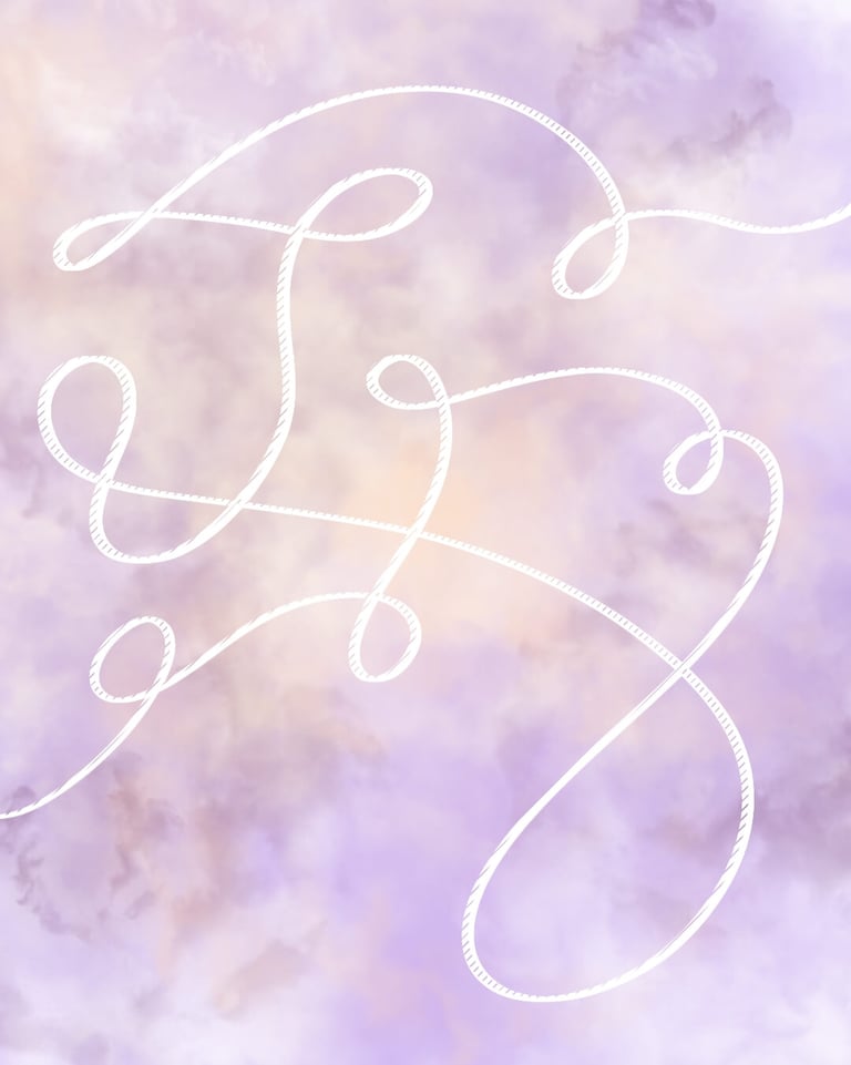 Fil blanc dessiné formant des boucles sur un fond nuageux aux tons lilas et crème.