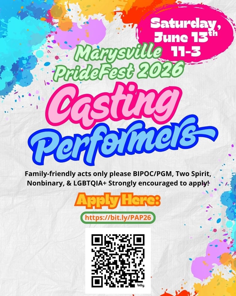 Marysville PrideFest 2026 flyer casting performers for their event on June 13th.