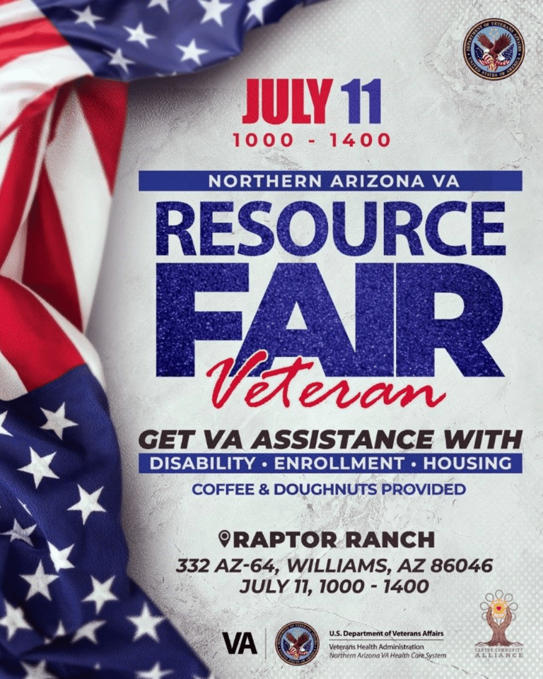 Graphic for the Veterans Resource Fair. July 11th 10am-2pm. Northern Arizona VA. Location: Raptor Ranch 332AZ-64, Williams,AZ