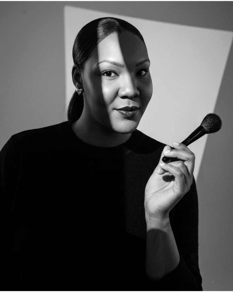 Professional makeup artist holding a powder brush in a black and white studio portrait.