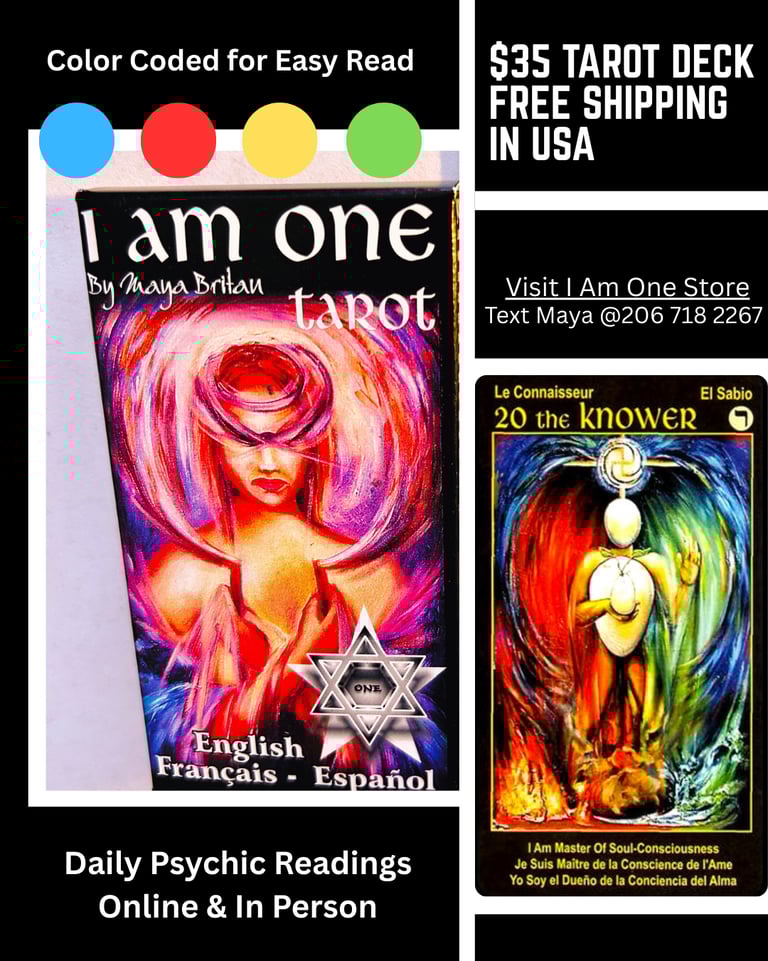 Tarot Deck I Am One color coded fo easy psychic readings English French Spanish text on 78 tarot cards