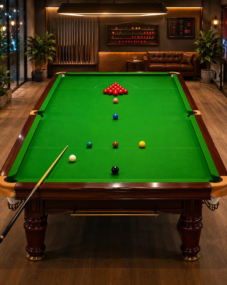 Professional snooker table with colored balls and cue in a luxury game room.