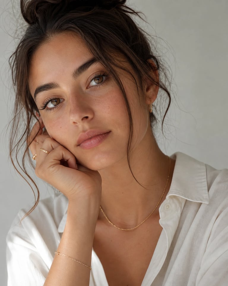 A woman with a messy bun hairstyle wearing elegant gold jewelry and a white button-down shirt.