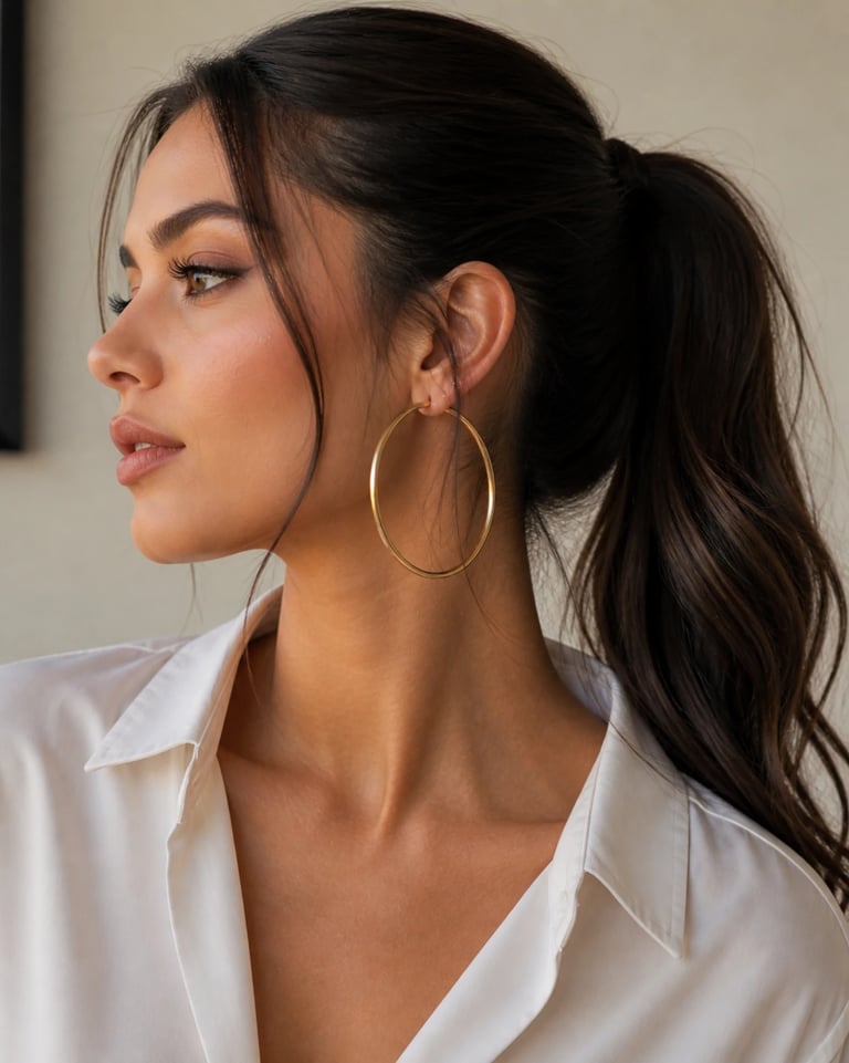 A woman with a wavy ponytail wearing large gold hoop earrings